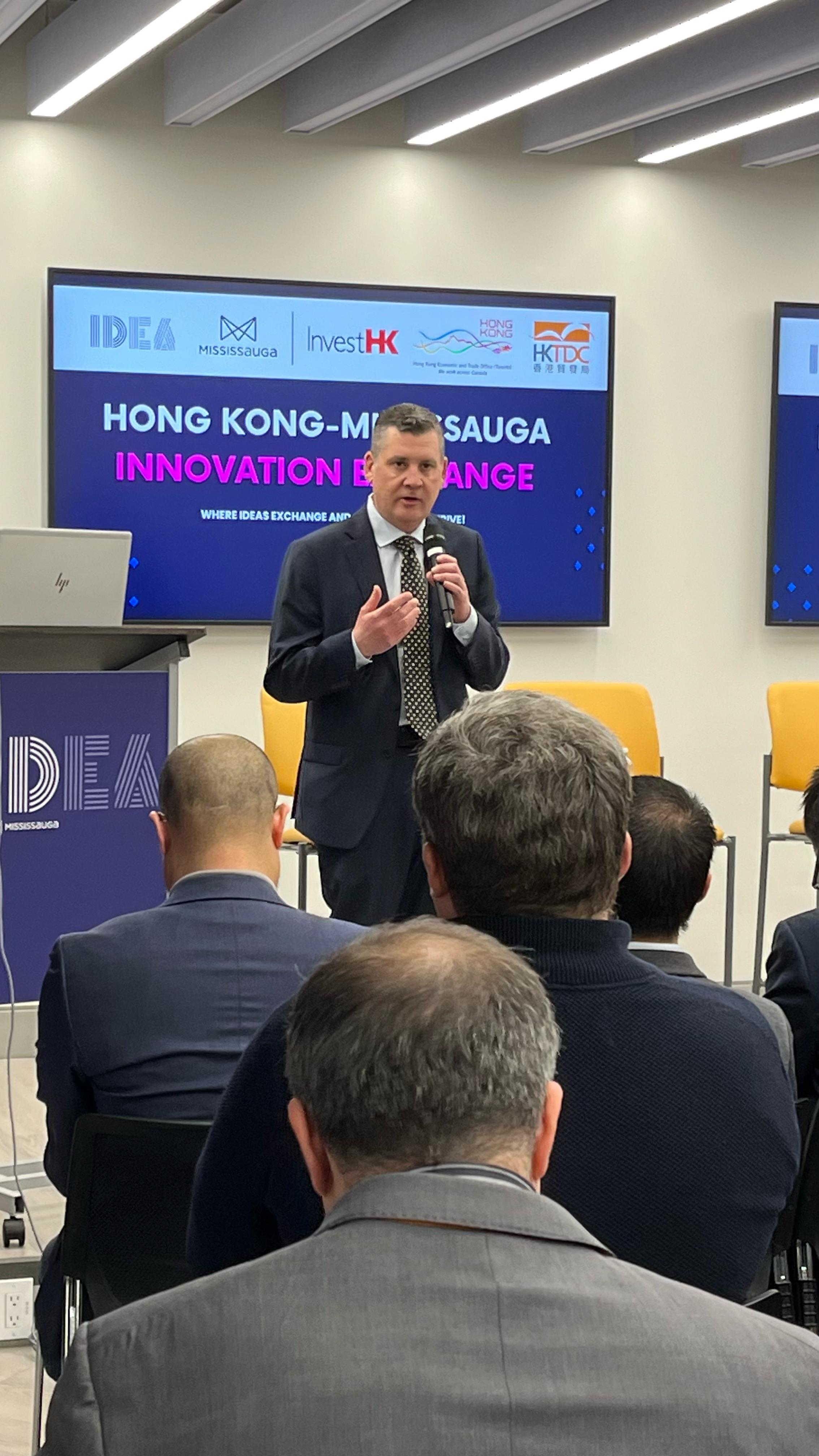 Acting Mayor of City of Mississauga, Matt Mahoney, speaks at the inaugural “Hong Kong-Mississauga Innovation Exchange” event on April 11.