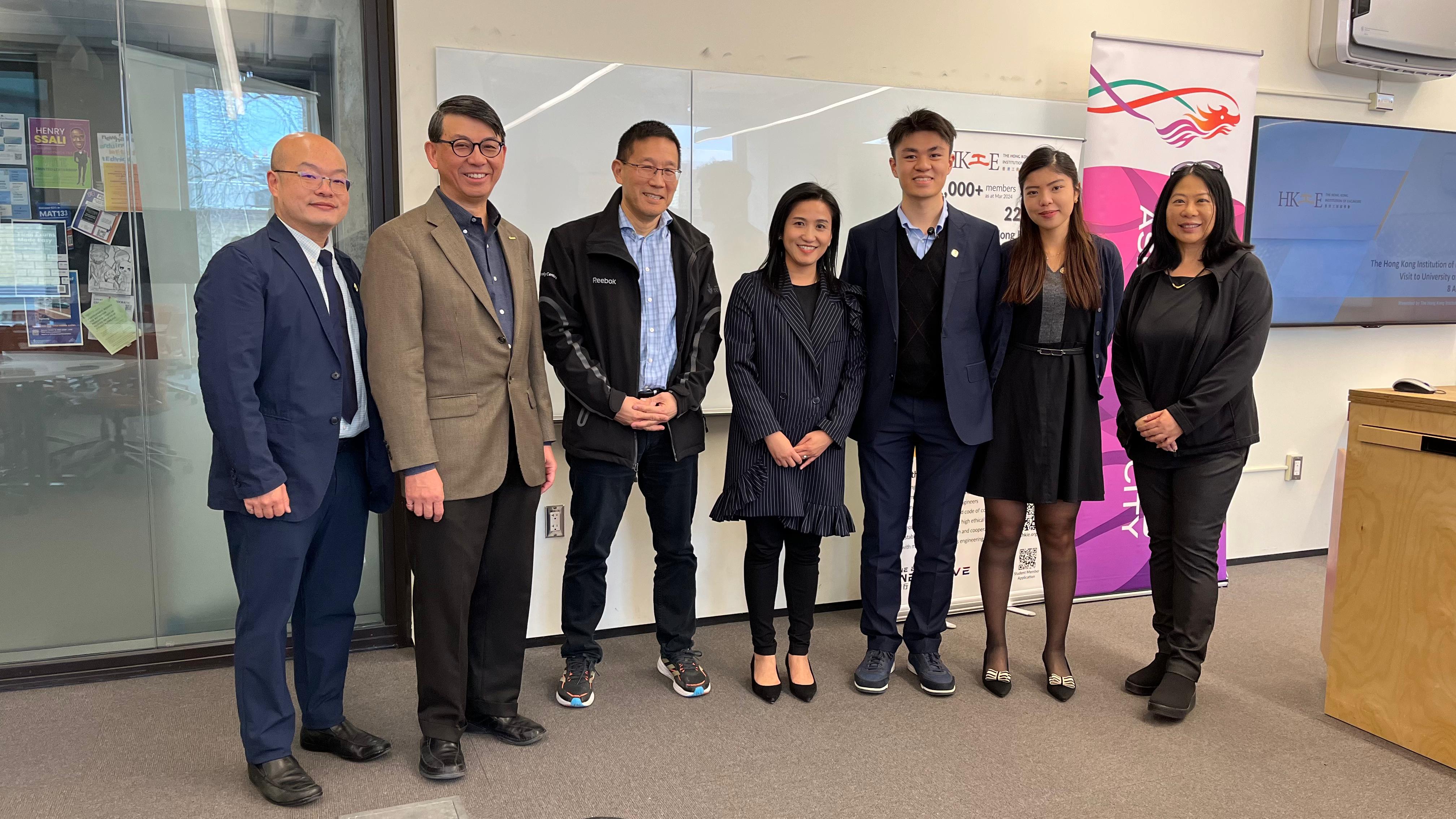 Director of the HKETO, Ms Emily Mo (middle), is in a picture with Chairman of Canadian Chapter of HKIE, Ir Brian Lee (second left), visiting young engineers Sampson Tam (third right), Hazel Lam (second right) and Deputy Head of Business and Talent Attraction of InvestHK, Ms Grace Lau (first right) at the student seminar at University of Toronto on April 8.