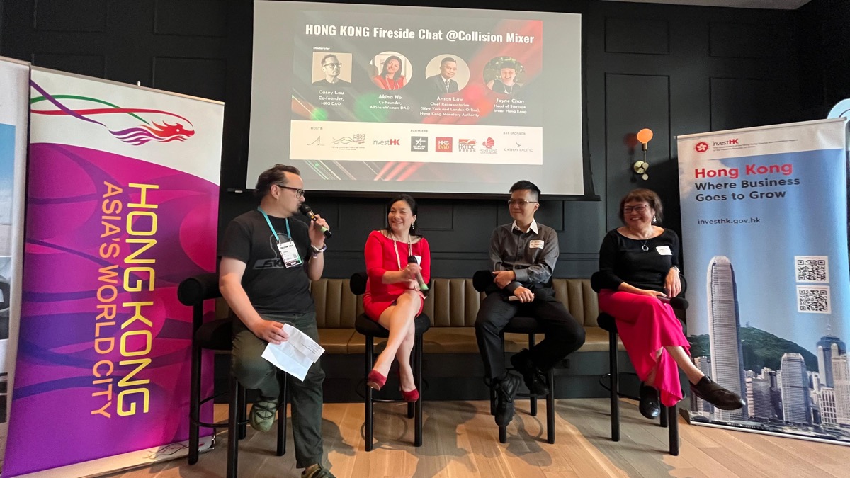 The Hong Kong Economic and Trade Office (Toronto) and Invest Hong Kong hosted a special networking event titled “Hong Kong Fireside Chat @Collision Mixer” for founders, investors and partners on June 19. Picture shows the fireside chat moderated by Mr Casey Lau (first left) of HKG DAO was held to discuss what Hong Kong offers on fintech, Web3, blockchain, cryptocurrency, virtual assets and more. 